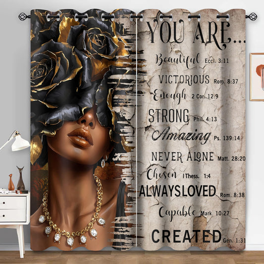 HIYSMT African American Black Woman Curtains Black Girl Afro Blackout Curtain 5284inch Funny Inspirational Quotes Black Gold Queen Privacy Drape for Lady Bedroom Living Room 2Panel HI012CL