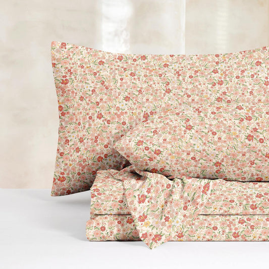 Wake In Cloud - Floral Bed Sheets, 4-Piece Sheet Set, Shabby Chic Flower Pattern Printed Country Coquette Cottage Aesthetic Bedding, Deep Pocket, Cream Pink, Queen Size