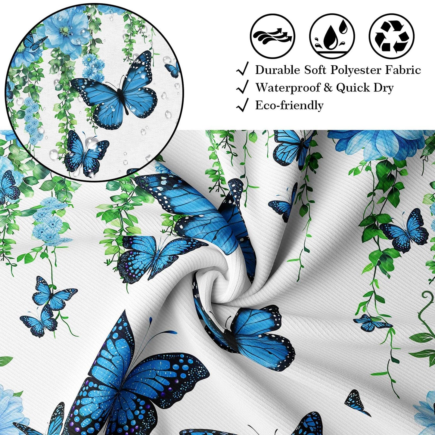 Pdvbiee Blue Butterfly Flower Shower Curtain, 70 X 72 Inch