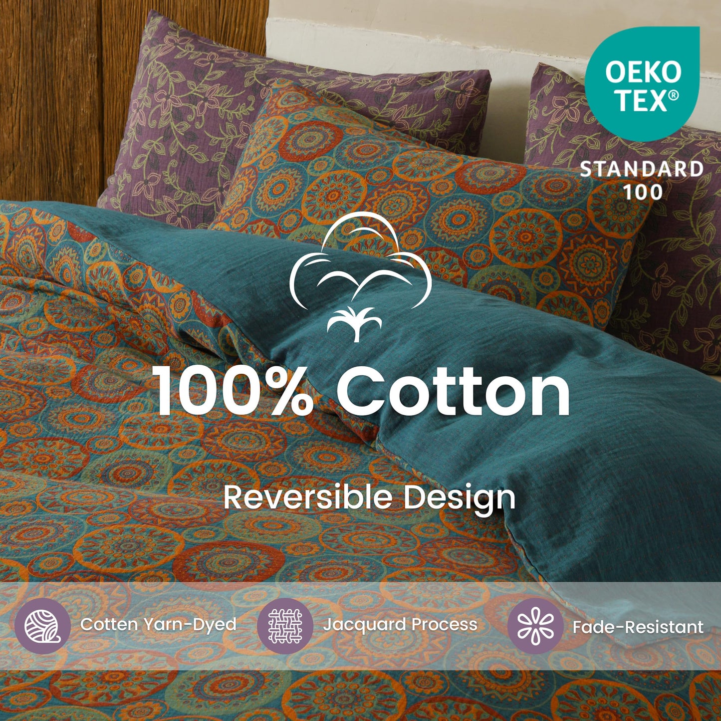 BISELINA 100% Cotton Muslin Duvet Cover Set Queen, 3 Pcs Yarn-Dyed Jacquard Textured Vintage Kabyle Pattern, Soft and Breathable Bedding Set with Zipper Closure, Kabyle Blue Orange