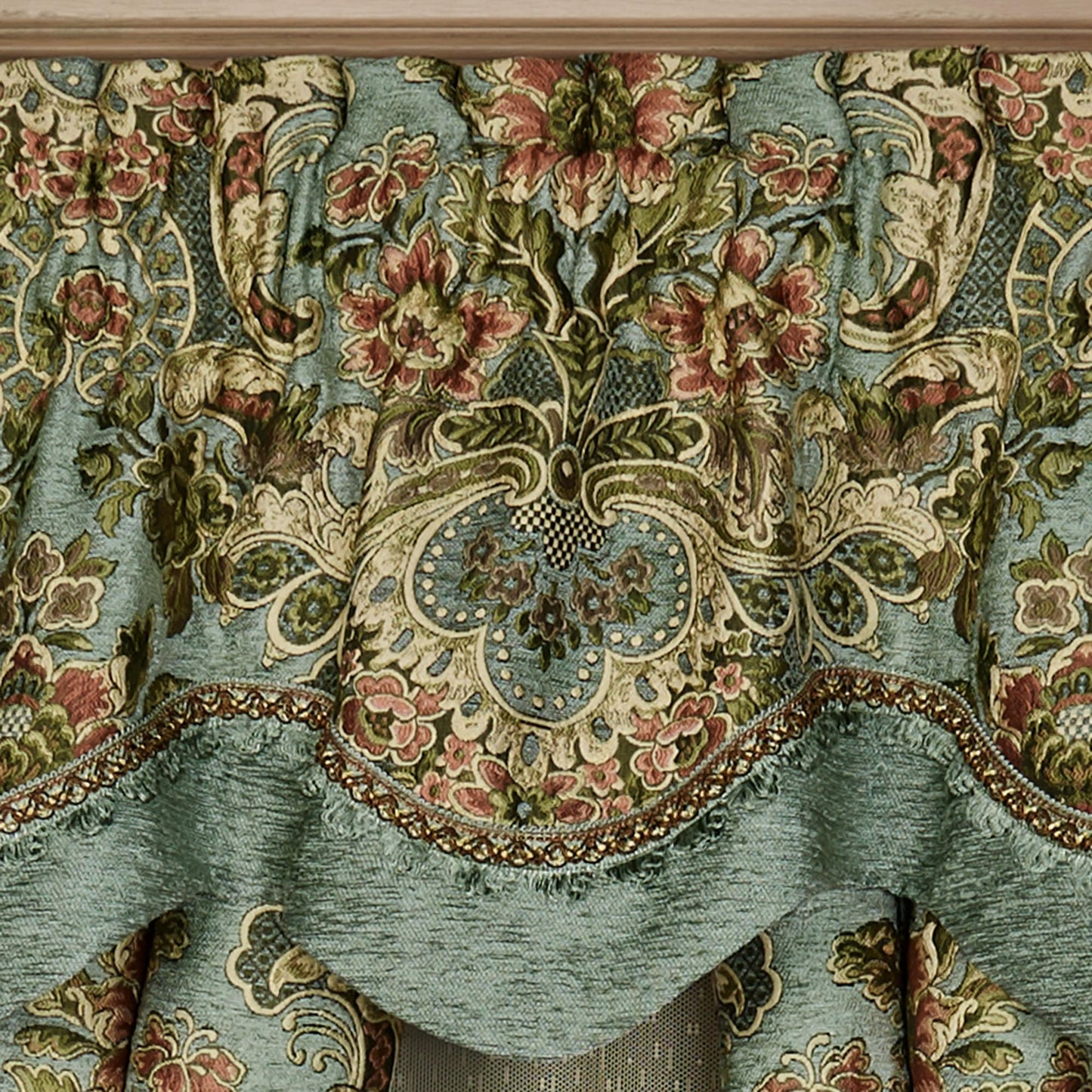 Calais Chateau Traditional Luxury Window Treatments | Soft Teal Chenille | Colorful Pastel Woven Classic Jacobean Floral Blooms | Lined, Wide Drapery Set Includes Scalloped Valance & 84L Curtain Pair