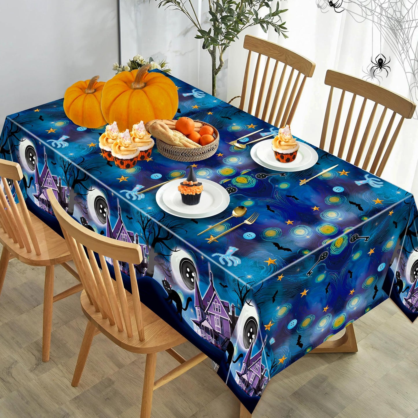 Andi Cppss Starry Night Plastic Tablecloth - 3PCS Starry Night Halloween Table Cover Black Cat Button Eyes Print Plastic Disposable Rectangle Table Cover for Kid Birthday Party Supply (51.2x86.6 Inch)