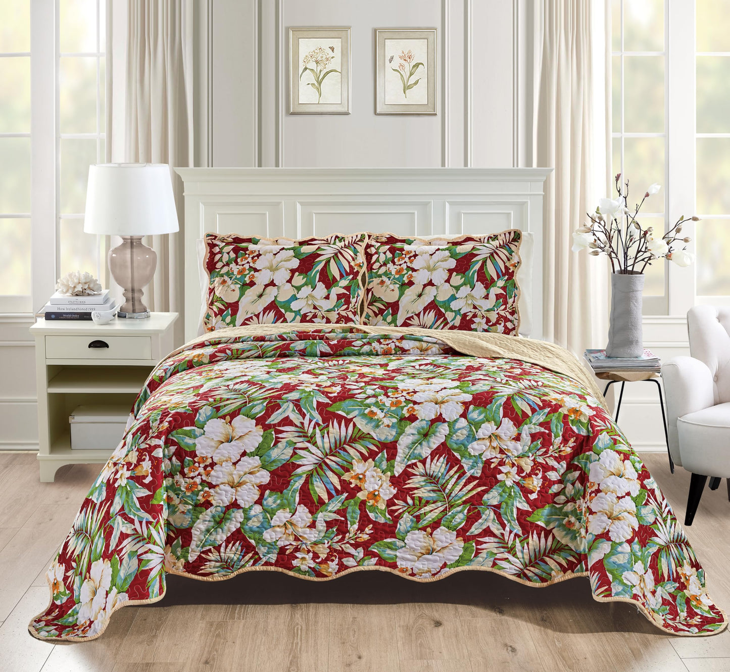 Grand Linen 3-Piece Queen Size Tropical Oversized Quilt Set 100 inch X 106 inch All Seasons XL Bedspread, Pillow Shams Lightweight Soft Coverlet Red Green White Colors Bed Cover Floral Leaves Pattern