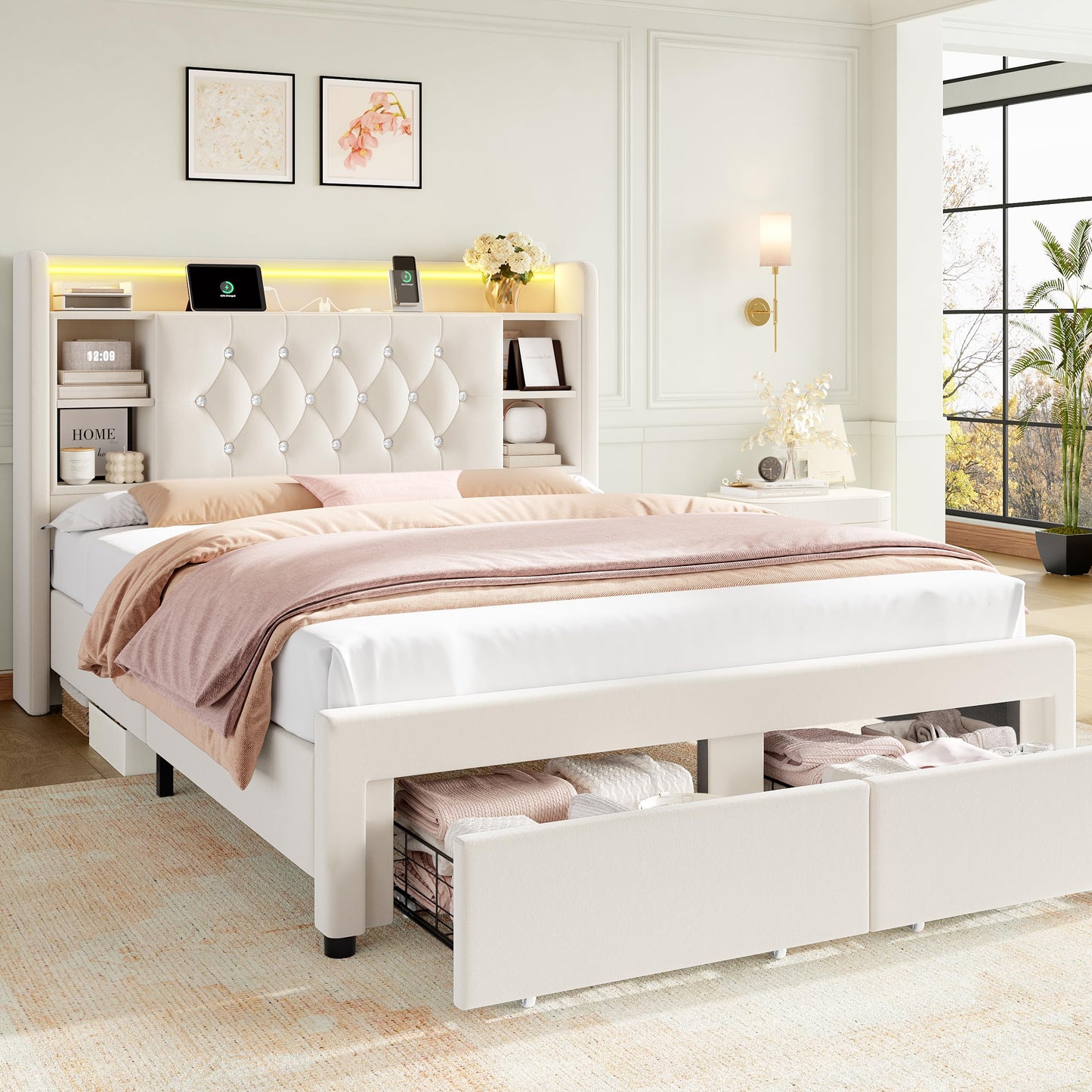 Full Bed Frame with Drawers, Hidden-Cubby & Shelves Storage Headboard with Charging Station and LED Lights, Velvet Upholstered Platform Bed Solid Wooden Slats Support No Box Spring Needed, Beige