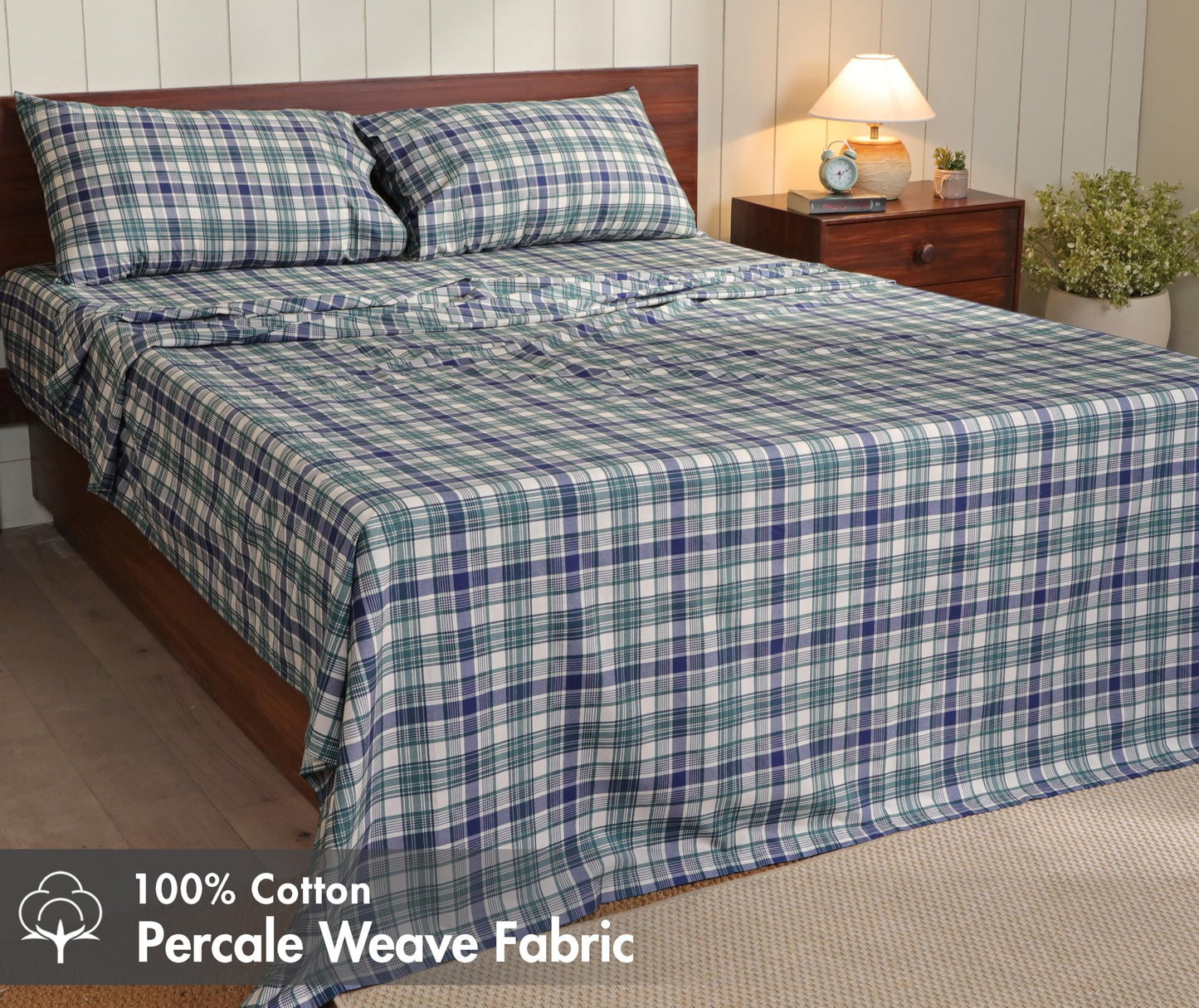 RUVANTI 100% Cotton Percale Sheets Queen Size, Greenish Blue Plaid