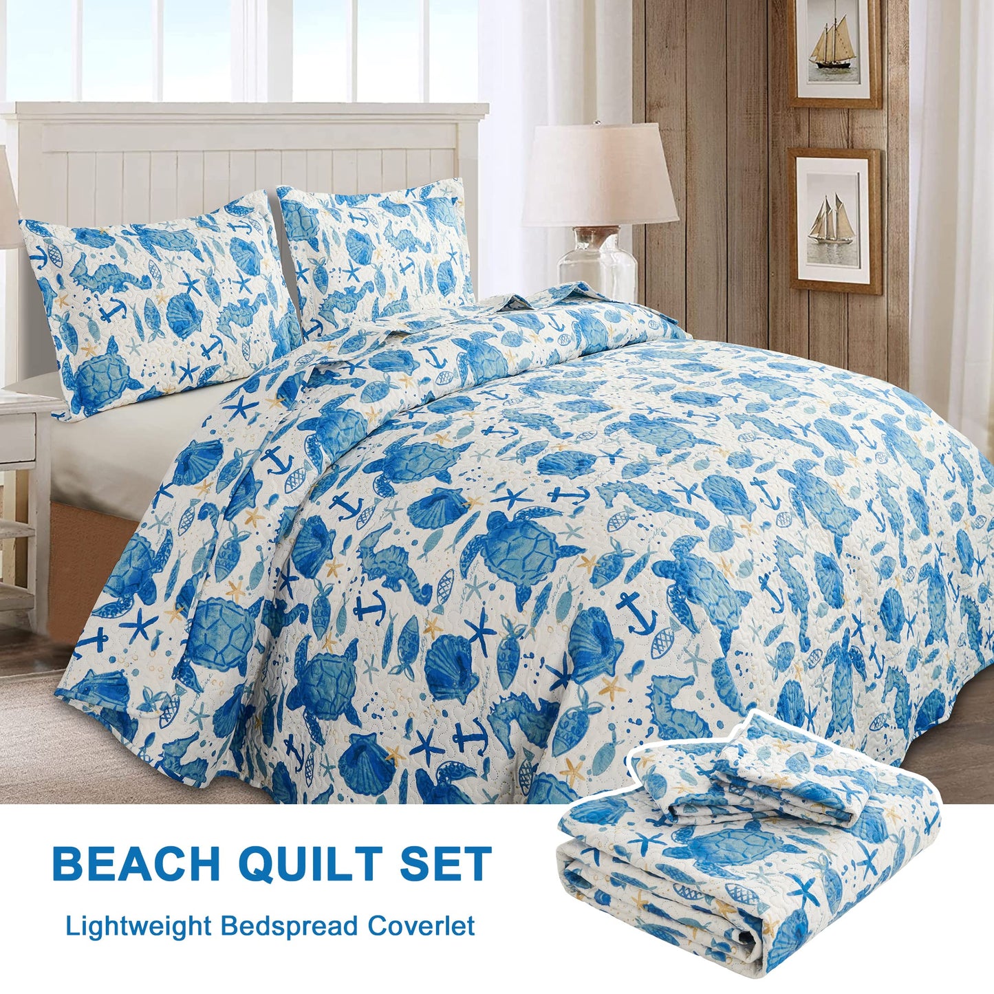 Coastal Beach Quilt Set - King Size Ocean Bedding Reversible Quilt - Lightweight Summer Bedsread Coverlet - Sea Turtle Blue