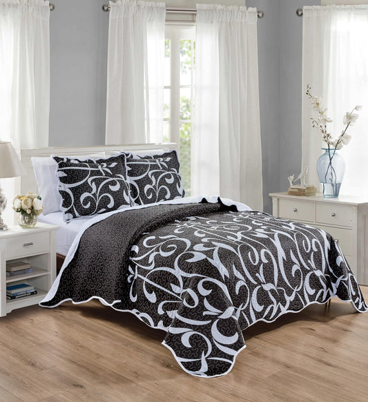 Grand Linen 3-Piece King Size Wave Edged Oversized Quilt Set 120 inch X 106 inch All Seasons Extra Large Bedspread, Pillow Shams Lightweight Soft Coverlet Black White Colors Bed Cover Scroll Pattern