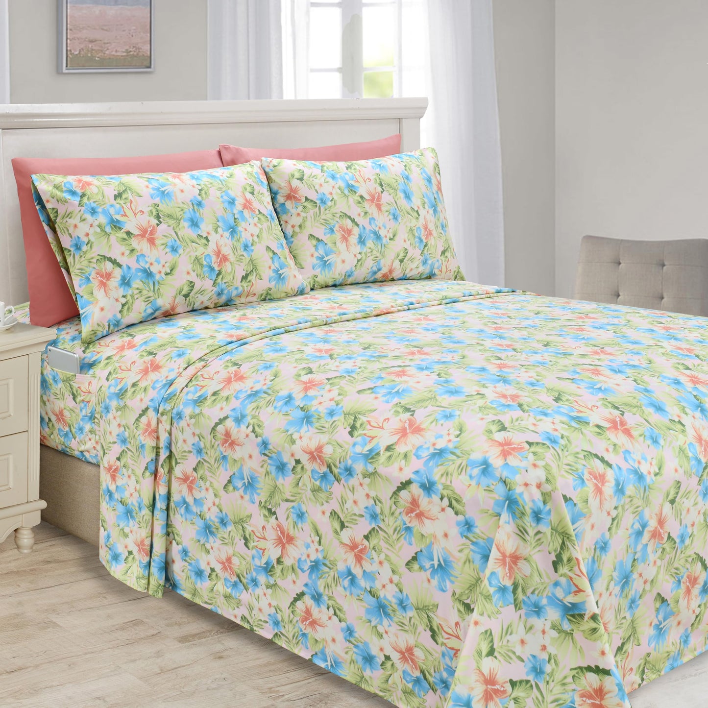 Elegant Comfort Luxury Soft Bed Sheets Floral Pattern - 1500 Premium Hotel Quality Microfiber Softness Wrinkle and Fade Resistant (6-Piece) Bedding Set, Queen, Magnolia