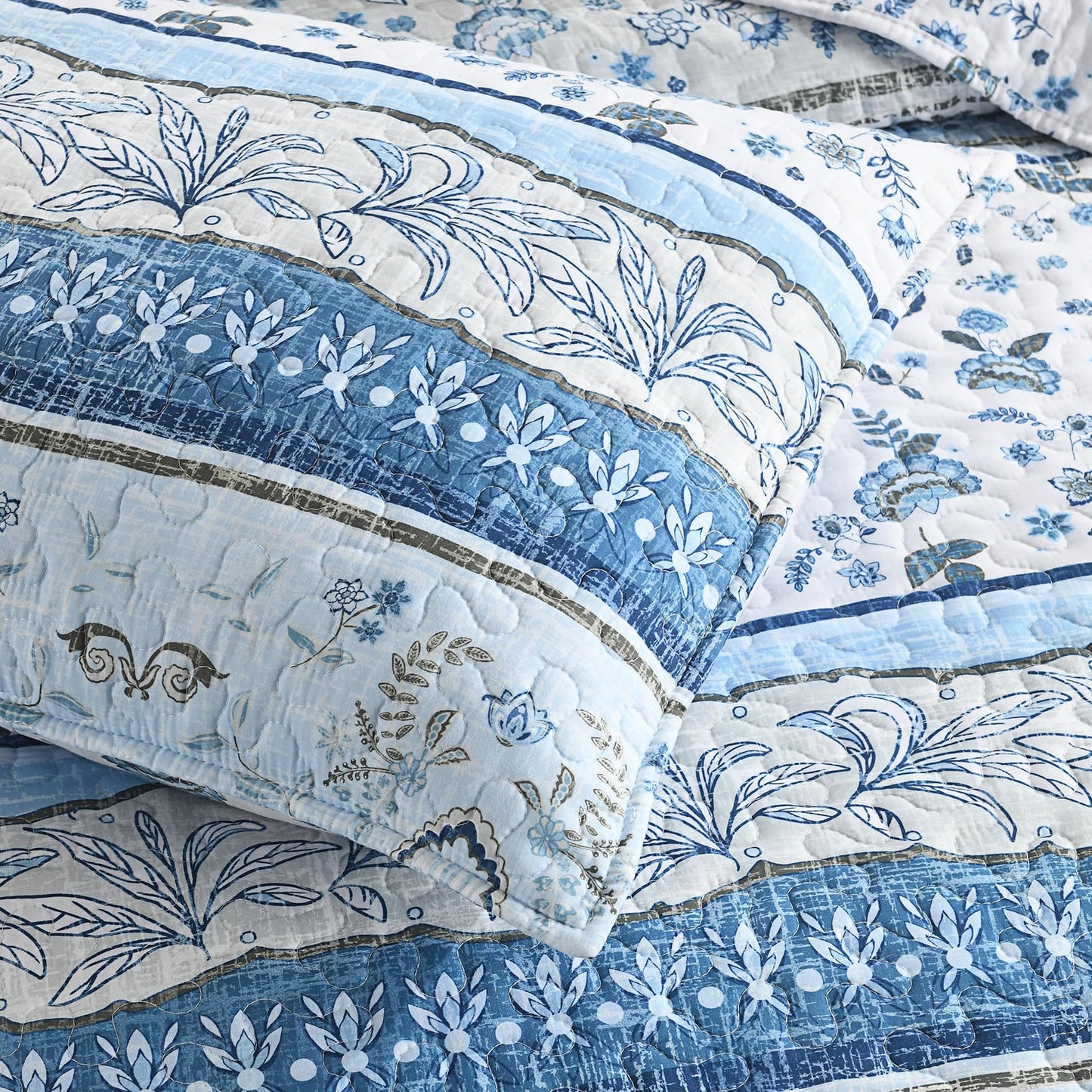 HORIMOTE HOME Boho Quilt Queen Size Blue Bohemian Floral Quilt Bedding Set, Soft Lightweight Boho Comforter Set Queen for All Season, Farmhouse Bedspread Coverlet with 2 Pillow Shams, 90 x 96 inches