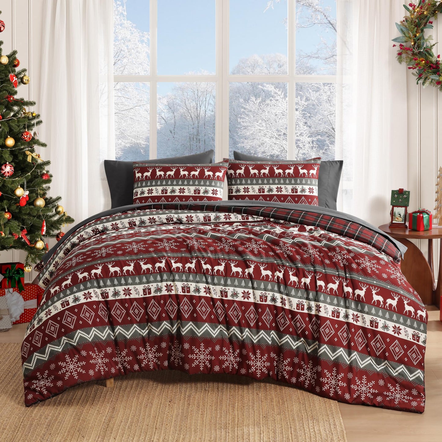 MaiRêve Christmas Queen Comforter Set, Red Reindeer Snowflake Bed Set for Holiday, Reversible Plaid Checkered Comforter Bed in a Bag, Soft Bedding Set 7 Pieces with Sheets, Pillowcases & Shams