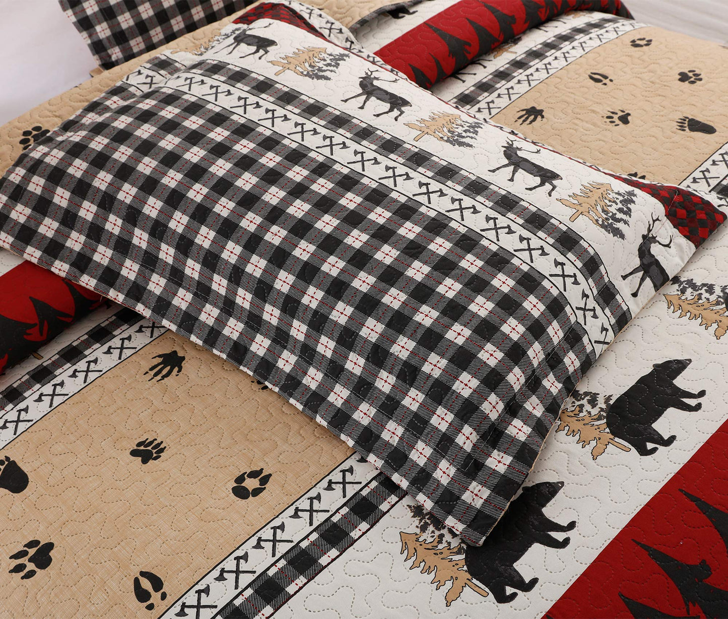 Rustic Quilt Bedding Set Queen Size Bedspread Coverlet Country Quilts Lodge Cabin Bedding Black White Buffalo Plaid Quilts Forest Elk Moose Lightweight Reversible Quilt Bed Spread with 2 Pillow Shams
