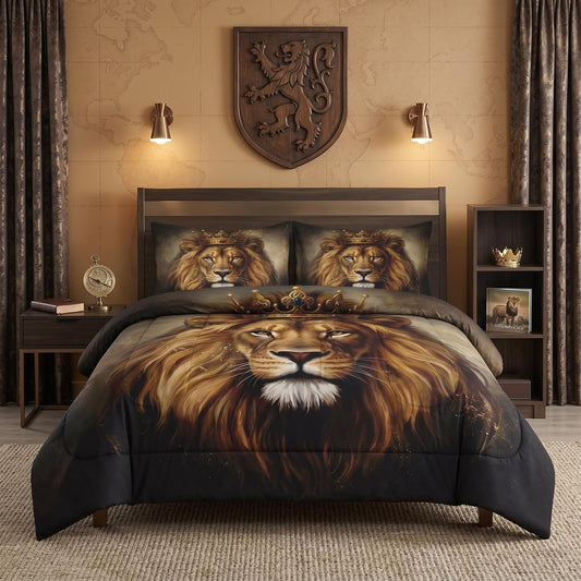 Pamnest Comforter Set Queen Size, King Lion Golden Soft 3 Pcs Bedding for Kids and Adults, Animal Painting Cat Comforter Set with 2 Pillowcases, for Bedroom Bed Decor