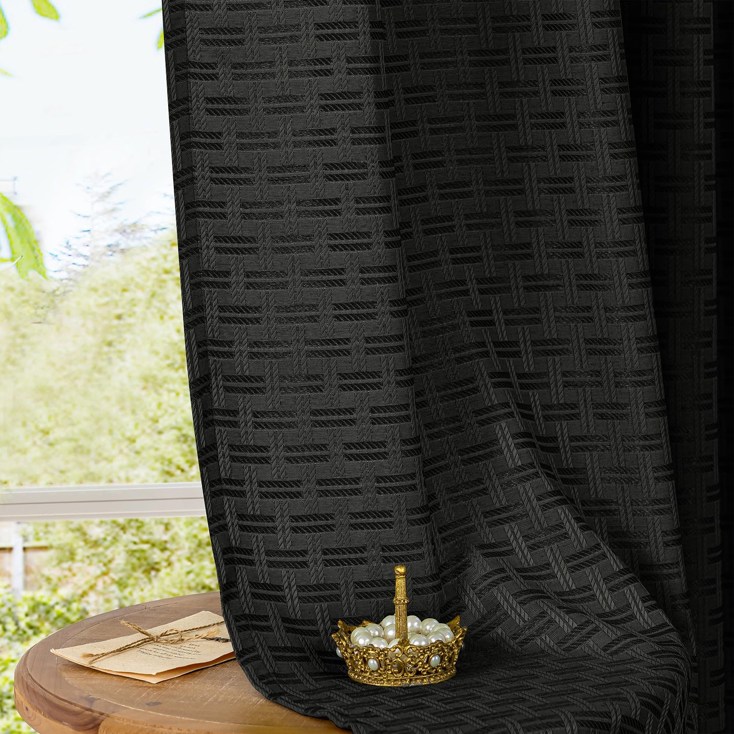 ChrisDowa Semi Sheer Linen Black Curtains 84 Inches Long 2 Panels for Living Room Dining Room Plaid Patterned Light Filtering Voile Grommet Window Treatments Drapes Privacy Assured,52X84