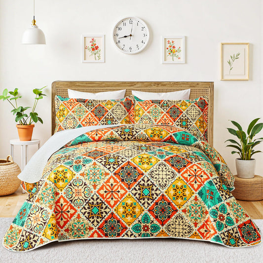 Tyrot 3 Piece Boho Colorful Quilt Set Full/Queen Size Bohemian Reversible Bedding Set Microfiber Lightweight Bedspread Coverlet with 2 Sham Patchwork Mandala Print Bed Covers for All Season, 90''x96''