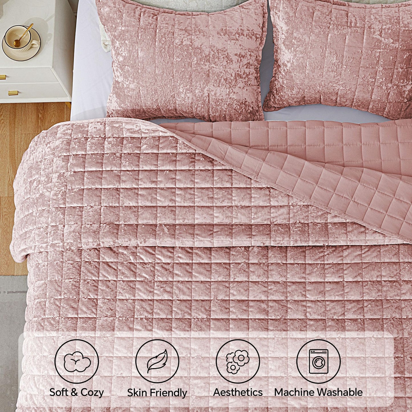 BEDELITE Velvet Quilt Set King Size - Luxury Soft Velvet Comforter Bedding Set for All Season, Lightweight Quilted Box Stitch Oversized Bedspread Coverlet with 2 Matching Shams, Shiny Dusty Pink