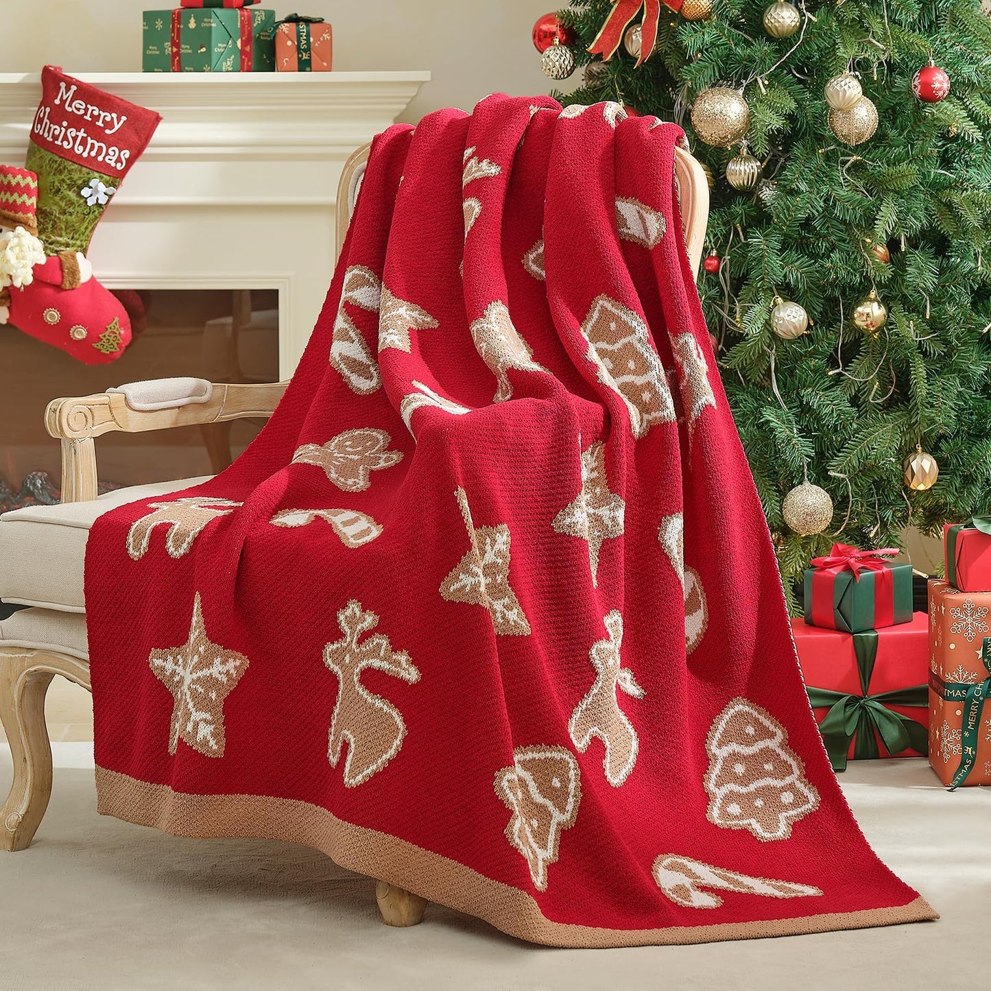 Amélie Home Christmas Knit Throw for Couch, Reversible Soft Cozy Chenille Blanket for Home Decor Gift for Family, 50" x 60", Christmas Gingerbread Cookie