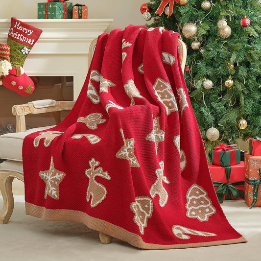 Amélie Home Christmas Knit Throw for Couch, Reversible Soft Cozy Chenille Blanket for Home Decor Gift for Family, 50" x 60", Christmas Gingerbread Cookie