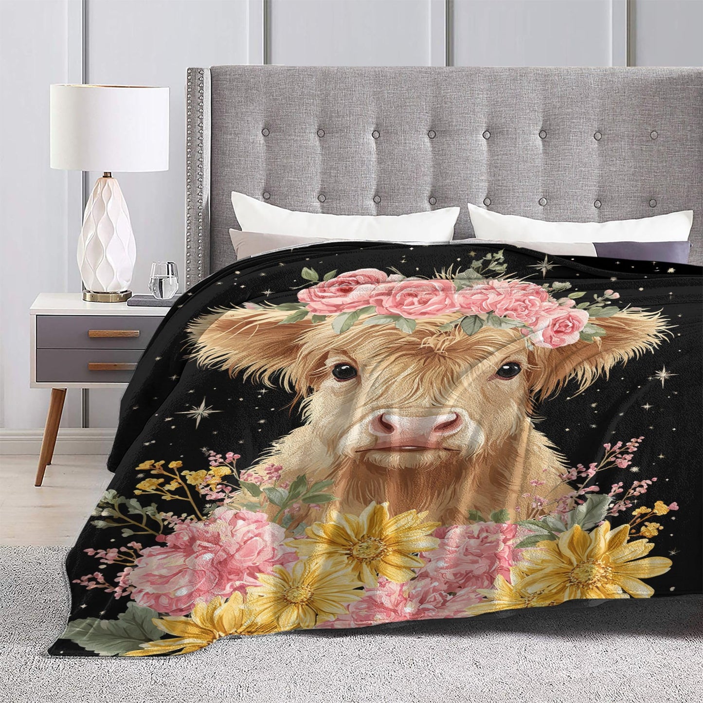 Highland Cow Throw Blanket Soft Warm Cozy Flower Cows Floral Blankets Fuzzy Plush Fleece Highland Cow Blanket Gifts for Couch Bed Sofa Home Decor 40''X50''