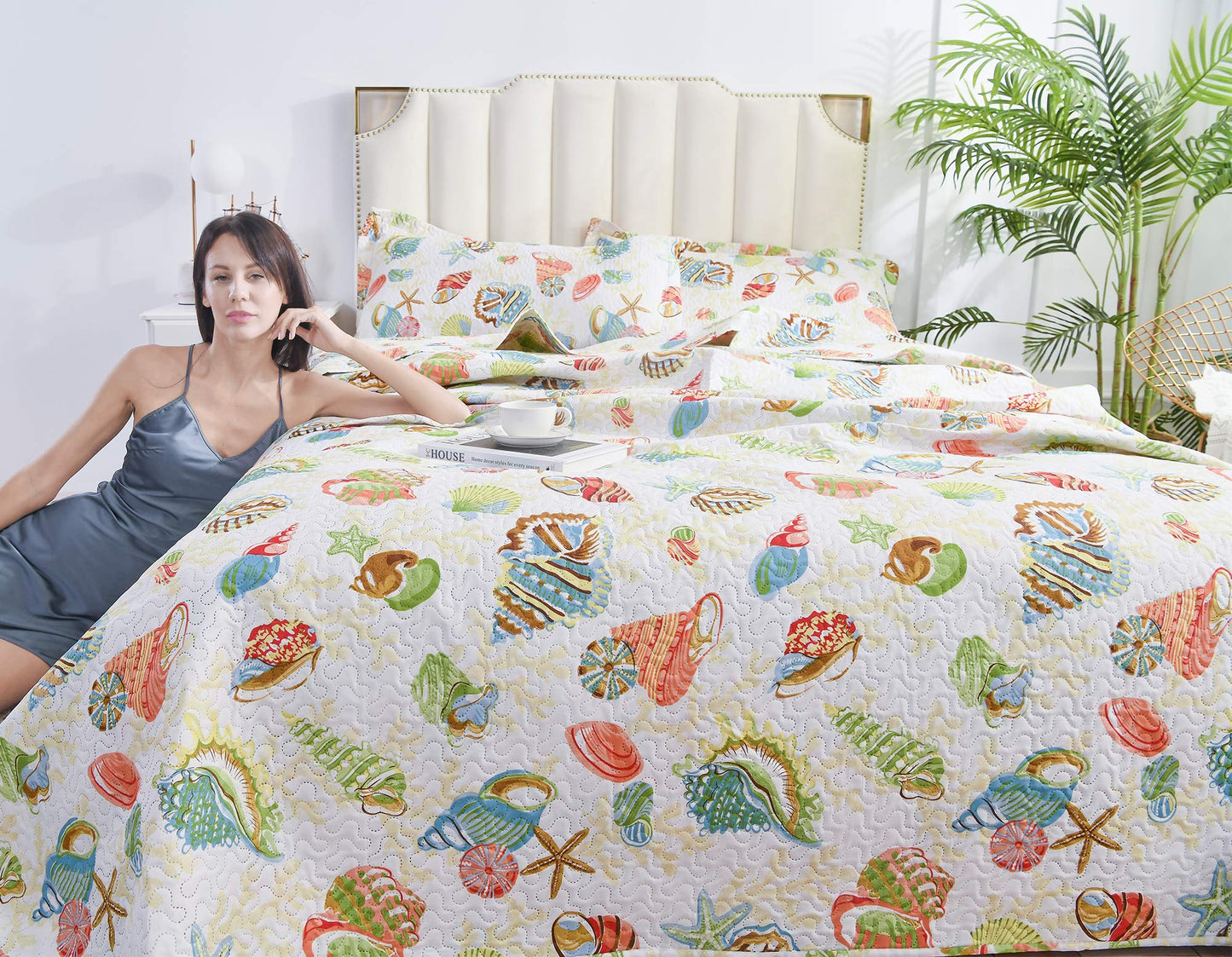 Quilt Set King Size Beach Bedding King Bedspread Coverlet Coastal Ocean Quilt Summer Lightweight Bedspread Beach Quilt Bed Spread Starfish Conch Decor Soft Home Reversible Bedding