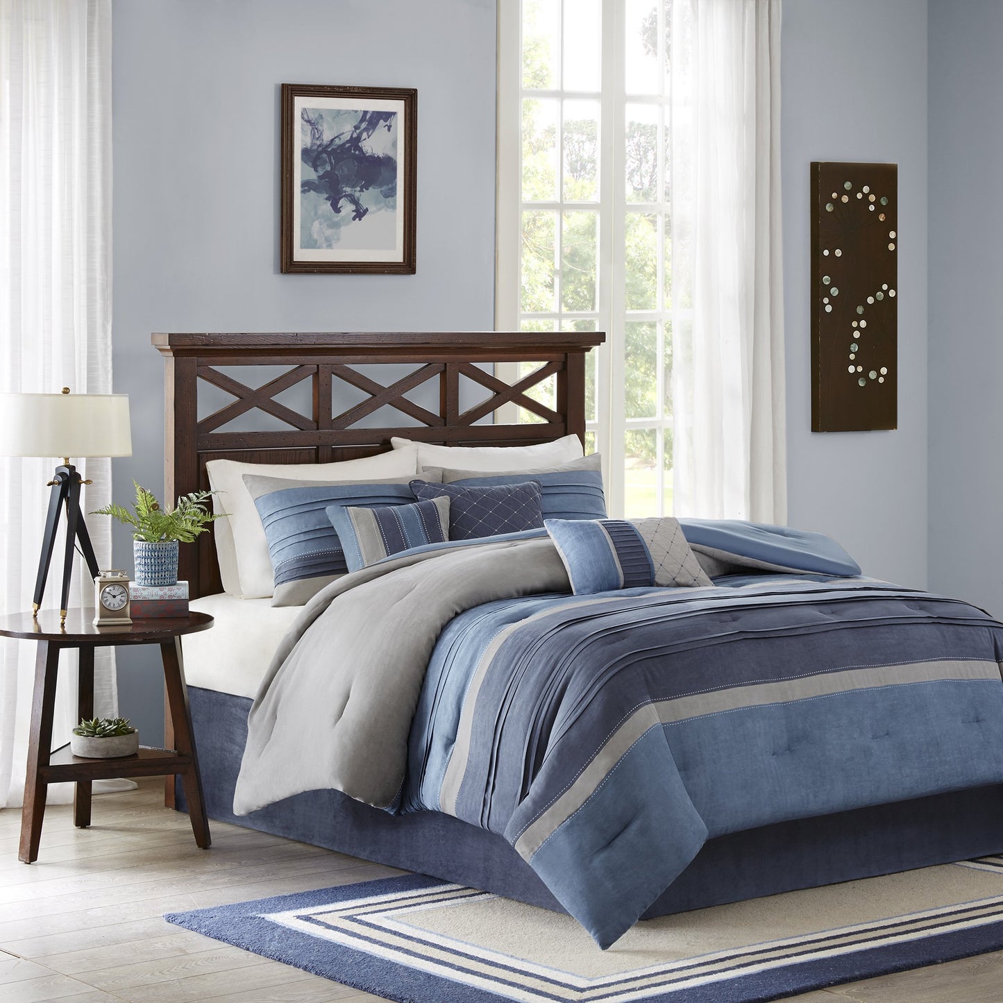 Madison Park Cozy Comforter Set Casual Modern Design All Season, Matching Bed Skirt, Decorative Pillows, Queen(90"x90"), Blue Grey, 7 Piece (MP10-1636)