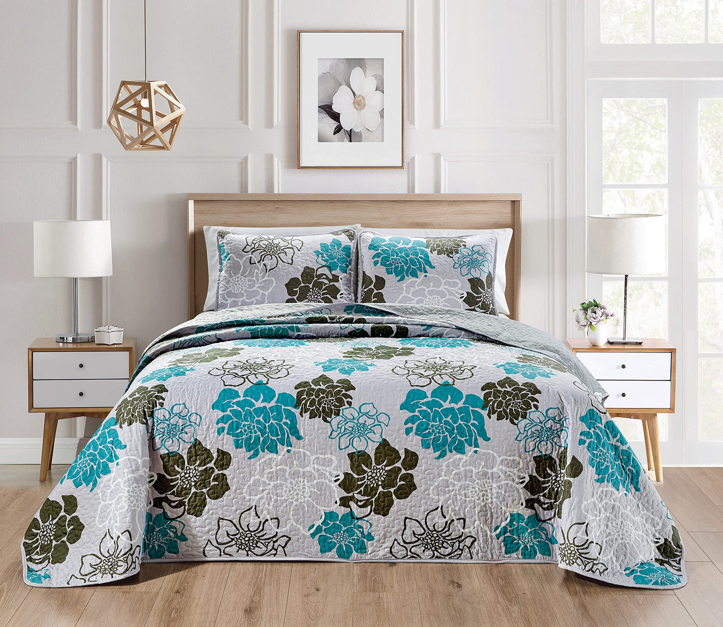 Masterplay 3-Piece Fine Printed Oversize (100inch X 95inch) Quilt Set, Bedspread Coverlet Queen Size Bed Cover (Grey with Black, Turquoise Blue Floral),Oversize Queen