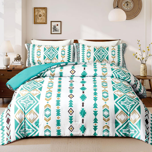 Tyrot King Comforter Set – 3 Piece Turquoise Boho Aztec Bedding, Western Southwestern Style Comforter Sets, Soft Lightweight Comforter for All Seasons, 1 Comforter & 2 Pillow Shams