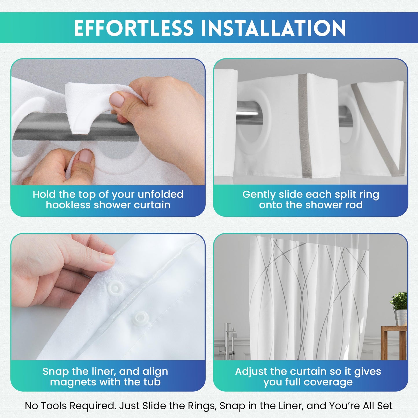 No Hook Shower Curtain with Snap in Liner - Fabric with Mesh Window - No Hook Shower Curtain and Liner Set - White Shower Curtain Liner for Bathroom - 71 x 74 inches