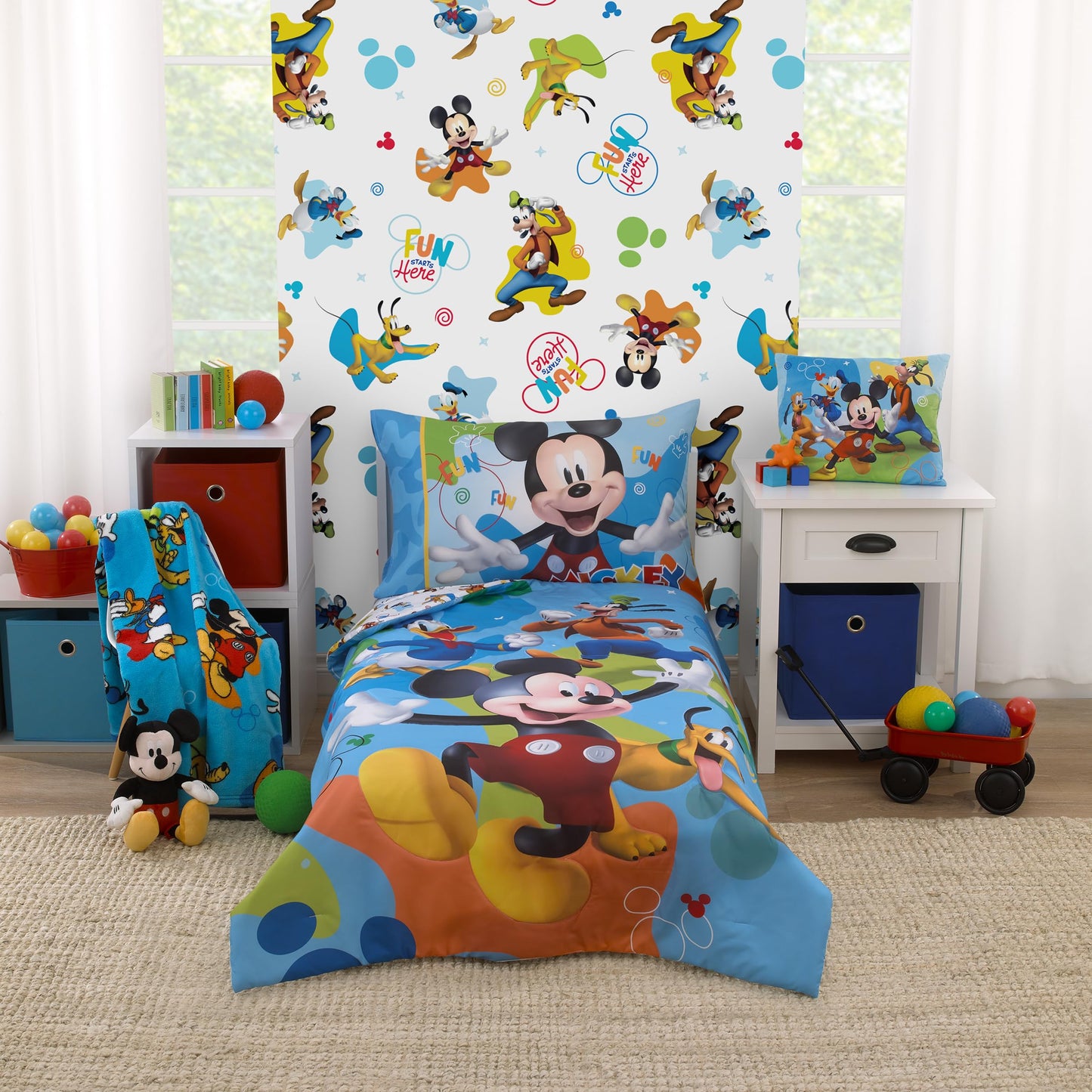 NoJo Disney Mickey Mouse Blue, Red, and Green, Donald Duck, Pluto, and Goofy, Fun Starts Here 4 Piece Toddler Bed Set - Comforter, Fitted Bottom Sheet, Flat Top Sheet, and Reversible Pillowcase