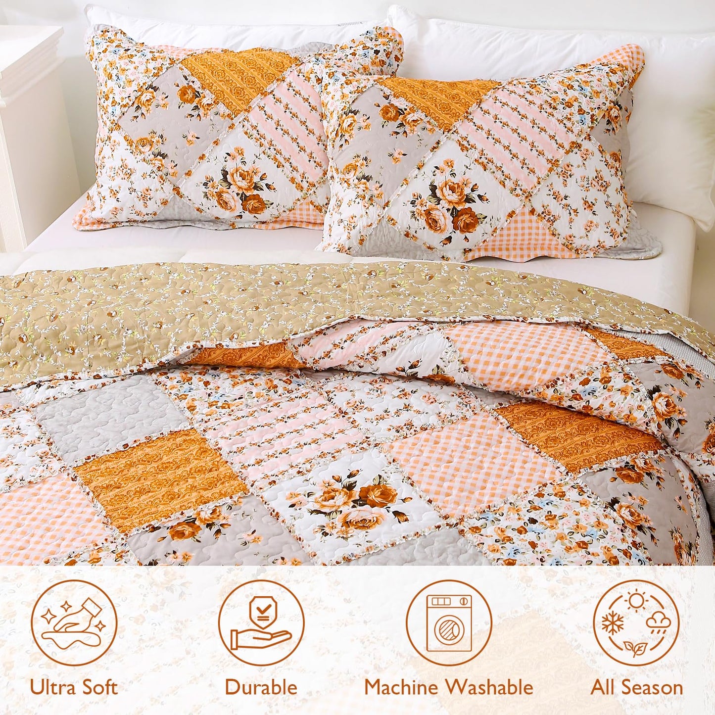 Yumhjika Patchwork Quilt Set Queen Size, 3 Pieces Floral Plaid Bedspreads Coverlet, Soft Microfiber Lightweight Bedding Set for All Season,Orange