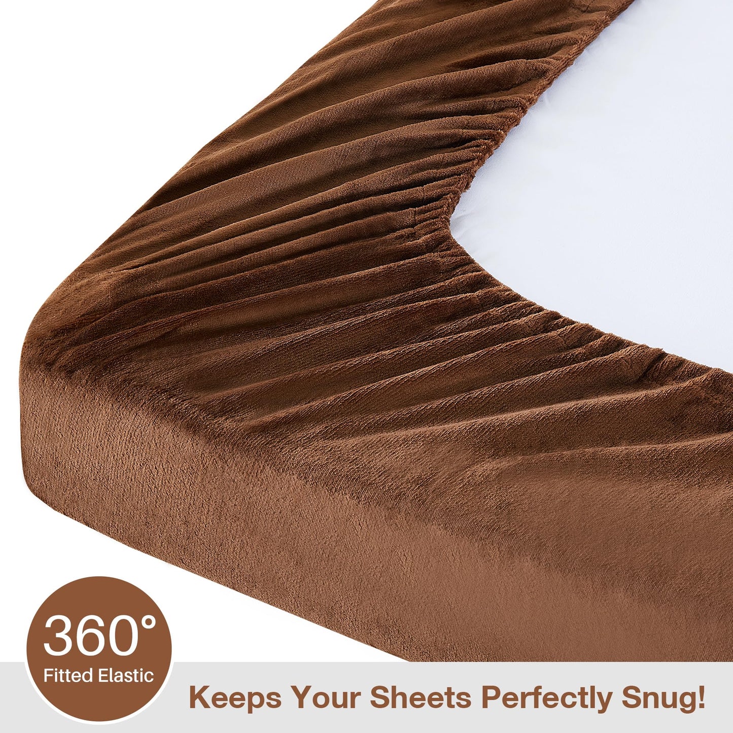 Viviland Full Plush Bed Sheets, Microfleece Fitted Sheets with 15" Deep Pocket, Flannel-Like Fuzzy Velour Velvet Winter Sheets & Pillowcase Set - Maillard Brown