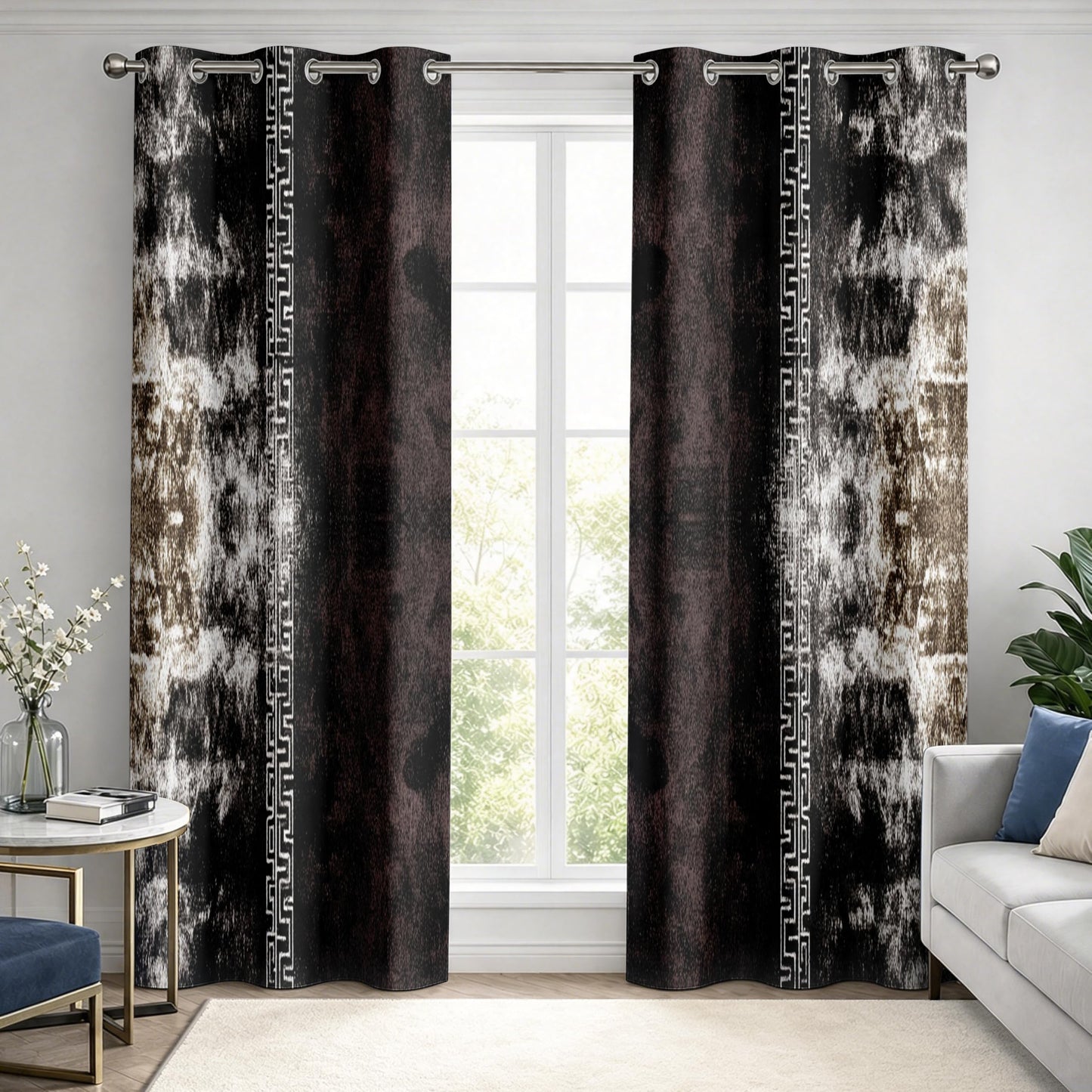 Aquailis Abstract Curtains Blackout for Living Room, Brown Black Modern Luxury Greek Key Bedroom Curtains 63 Inches Long, Thermal Insulated Room Darkening Grommet Patterned Drapes for Windows