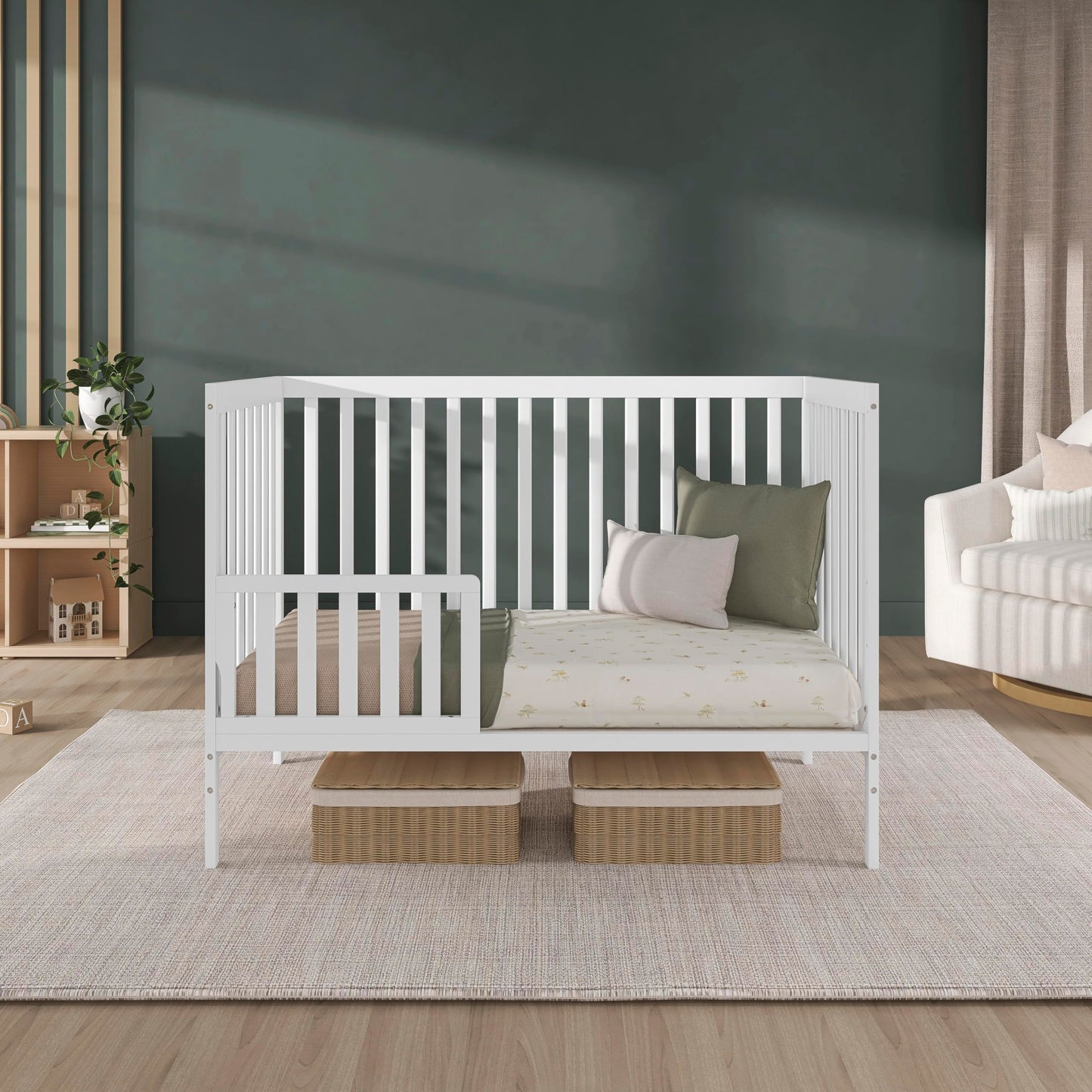 Dream On Me Synergy 5-in-1 Convertible Full-Size Baby Crib with Toddler, Day & Full Bed Conversion in White, GreenGuard Gold & BSA, 3 Mattress Heights, Sustainable Pinewood