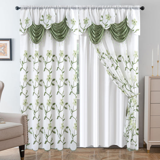 Petrichor Embroidered Sheer Curtain 2 Panels Set - Luxury Window Curtain Attached Valance with Satin Backing and 2 Tie Backs for Living Room,Dining Room, 54x84 inches, Sage Green