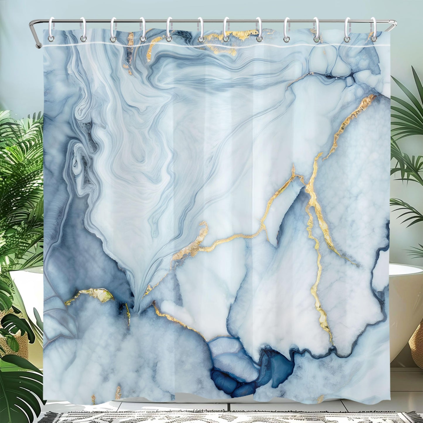 Mayormyth Blue Marble Shower Curtain Modern Abstract Shower Curtains for Bathroom Decor Luxury Ink Texture Shower Curtain Set with Hooks Polyester Waterproof Cloth Fabric with Hooks