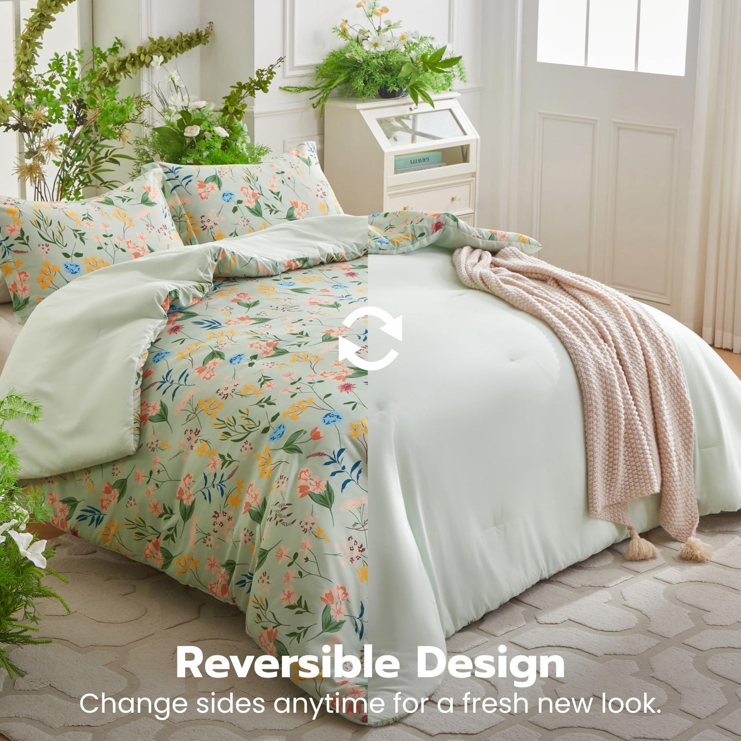 Joiedomi Floral Twin Comforter Set Light Green Bedding Set - 2 Pieces Twin Bed in a Bag with 1 Soft Reversible Botanical Flowers Leaves Comforter and 1 Pillow Sham