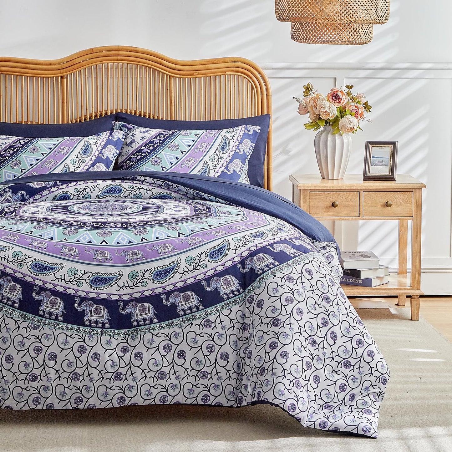 Boho Comforter Sheet Set Bohemian Bed in a Bag Queen Size Bedding Set, Purple Elephant Paisley Circle 7pc Bedding Set (1 Comforter 2 Pillow Shams 1 Pink Flat Sheet 1 Fitted Sheet 2 Pillowcases)
