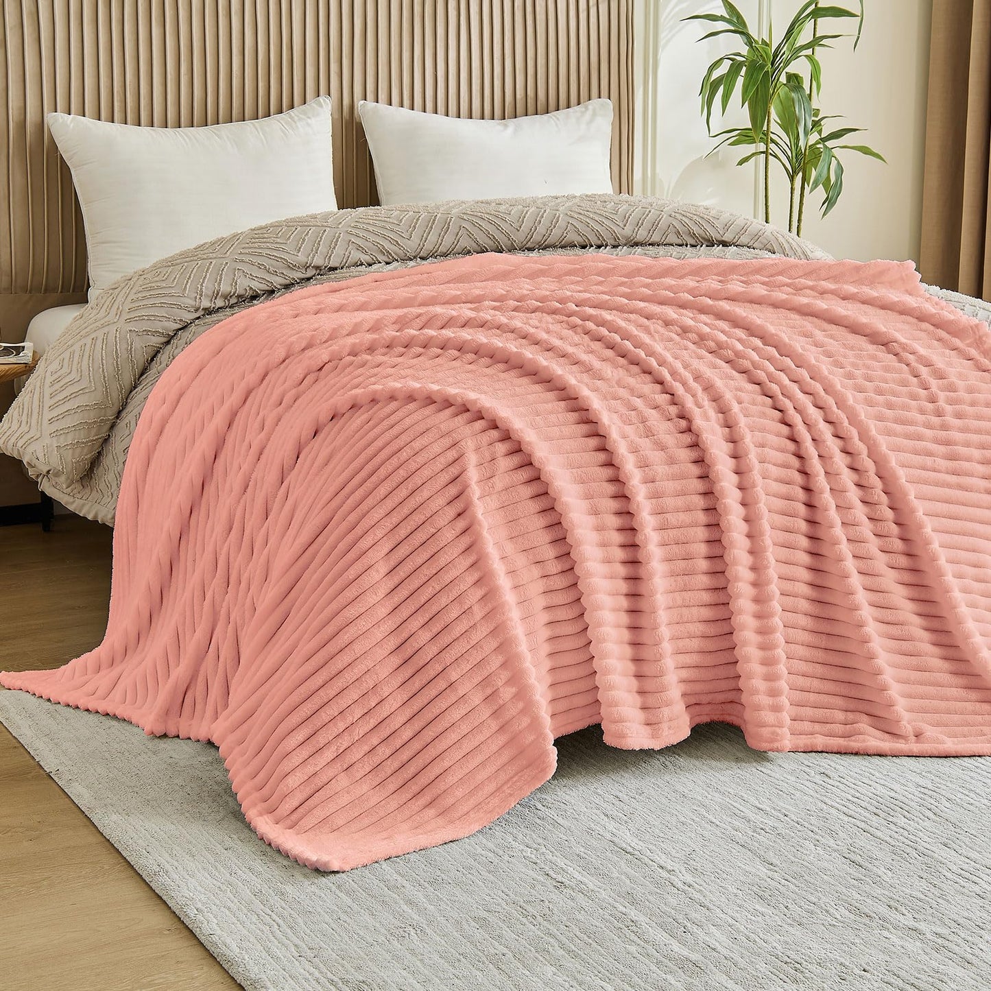 CHERAISA Throw Blanket for Couch - Flannel Fleece 3D Striped Ribbed Bed Blanket.Super Soft Blankets for Women Girls,Teacher Gifts Birthday Gifts Room Home Dorm Decor (Light Pink, Twin(60"x80"))