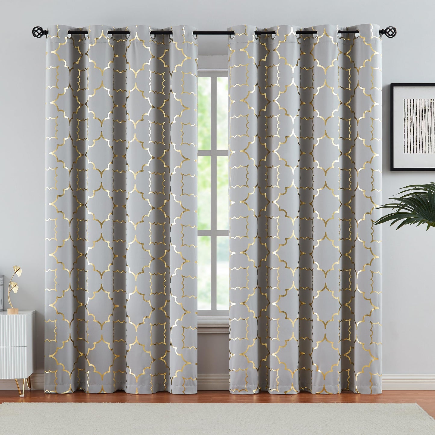 Purainbow Grey Blackout Curtains for Bedroom 90 Inch Long with Gold Foil Moroccan Panels Energy Efficient Drapes for Living Room Decor, Thermal Insulated Window Treatments Grommet Top, 2 Panels