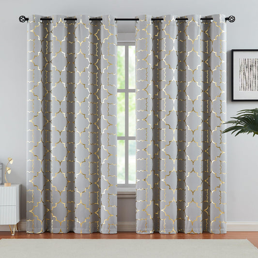 Purainbow Grey Blackout Curtains for Bedroom 90 Inch Long with Gold Foil Moroccan Panels Energy Efficient Drapes for Living Room Decor, Thermal Insulated Window Treatments Grommet Top, 2 Panels