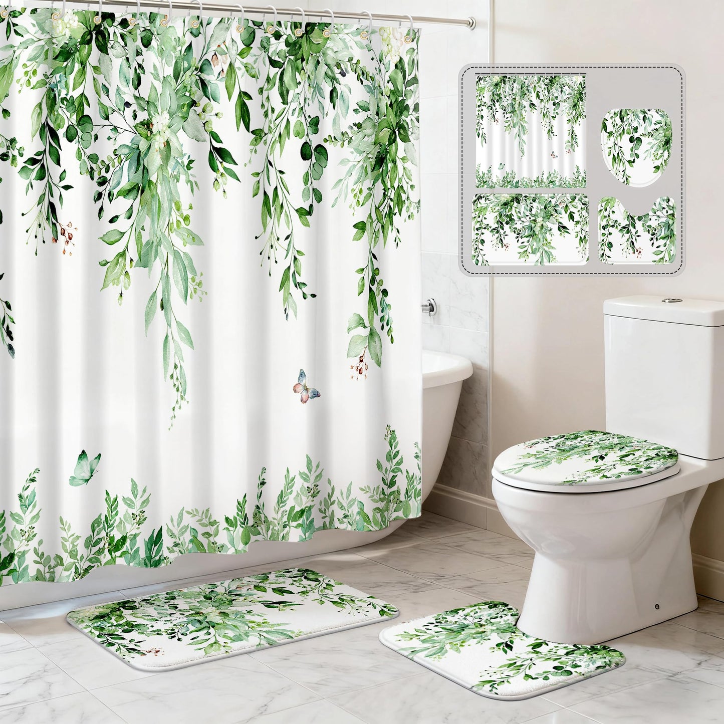 CedarShin 16 Pcs Sage Green Eucalyptus Shower Curtain Set with Rugs, Botanical Leaf Bath Curtains and Quick Absorbent Foam Mats, 120GSM Heavy-Weight Fabric Curtain with 12 Metal Hooks, 72x72 Inch