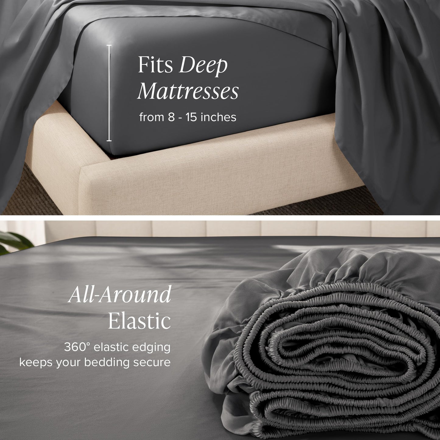 Bare Home 100% Organic Cotton Sateen Fitted Sheet - 400 Thread Count - Smooth Sateen Weave - Breathable & Cooling - Hotel Luxury - Durable Fitted Sheet - Deep Pocket (King, Grey)