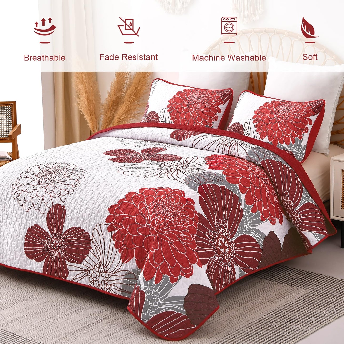 Queen Quilt Sets Red Floral Pattern Quilt Bedding Set, 3 Pieces Botanical Quilt Soft Microfiber Bedspread Coverlet Set, Boho Bed Cover Bedding Set for All Season(96" x 90)