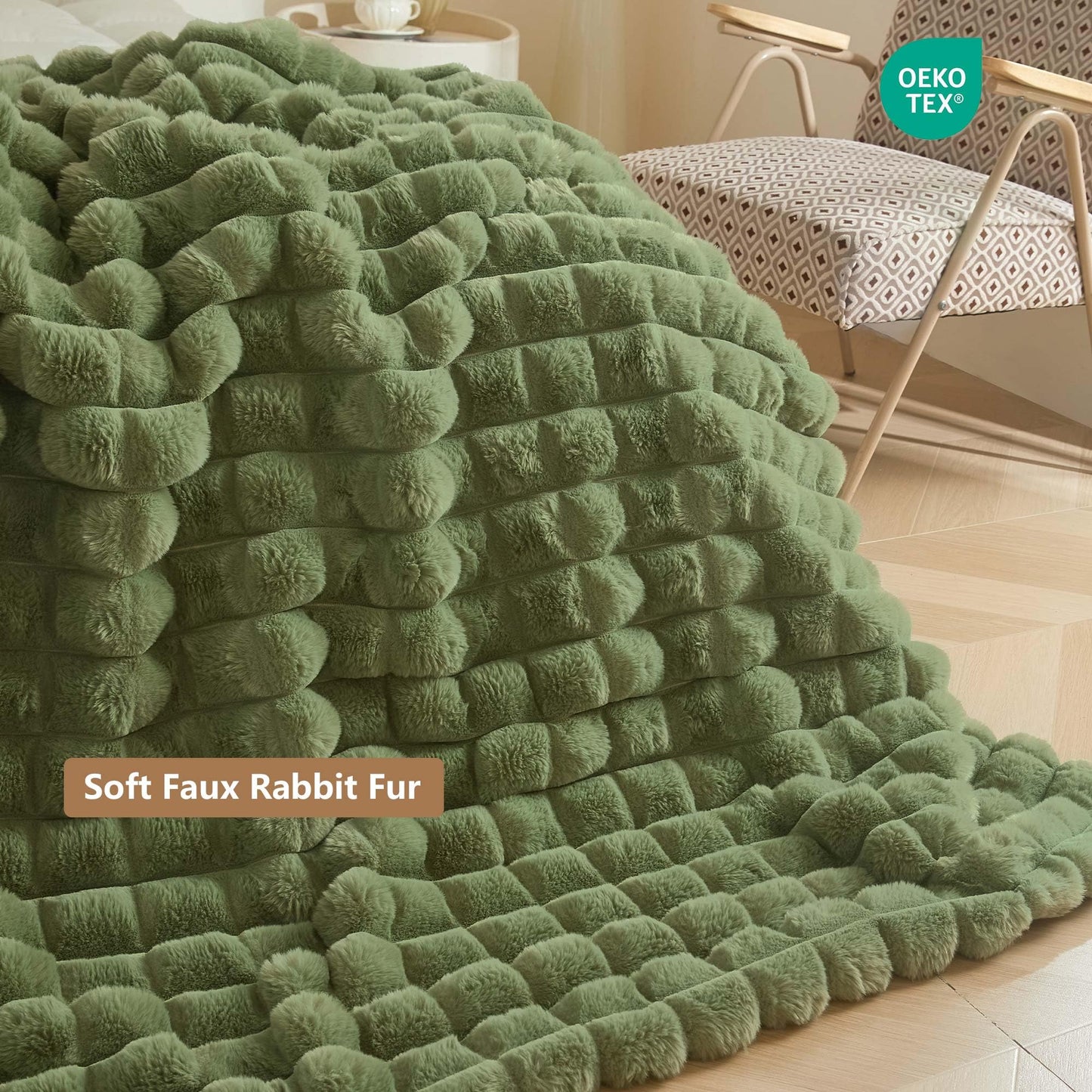 MEGO Luxury Fluffy Faux Rabbit Fur Throw, Green Comfy 3D Bubble Checkered Grid Plush Furry Blanket for Bed Couch Sofa Chair Office, Shaggy Fuzzy Throw Blanket for Kids Girls Adults, 50x60, Sage Green