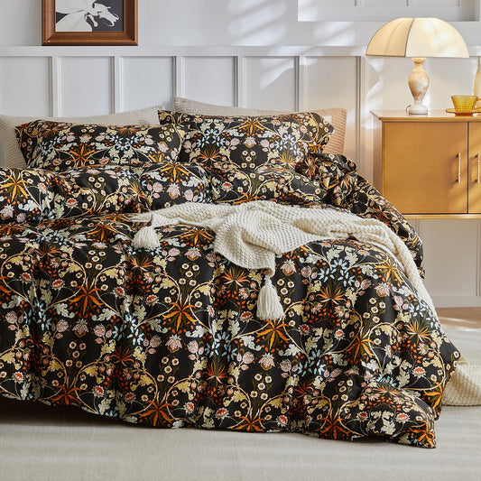 mixinni Vintage Floral Duvet Cover King Size Farmhouse Boho Duvet Cover Set Cotton Percale Flowers Pattern Printed Bedding Set with 2 Pillowcases Perfect for Him and Her-King Size