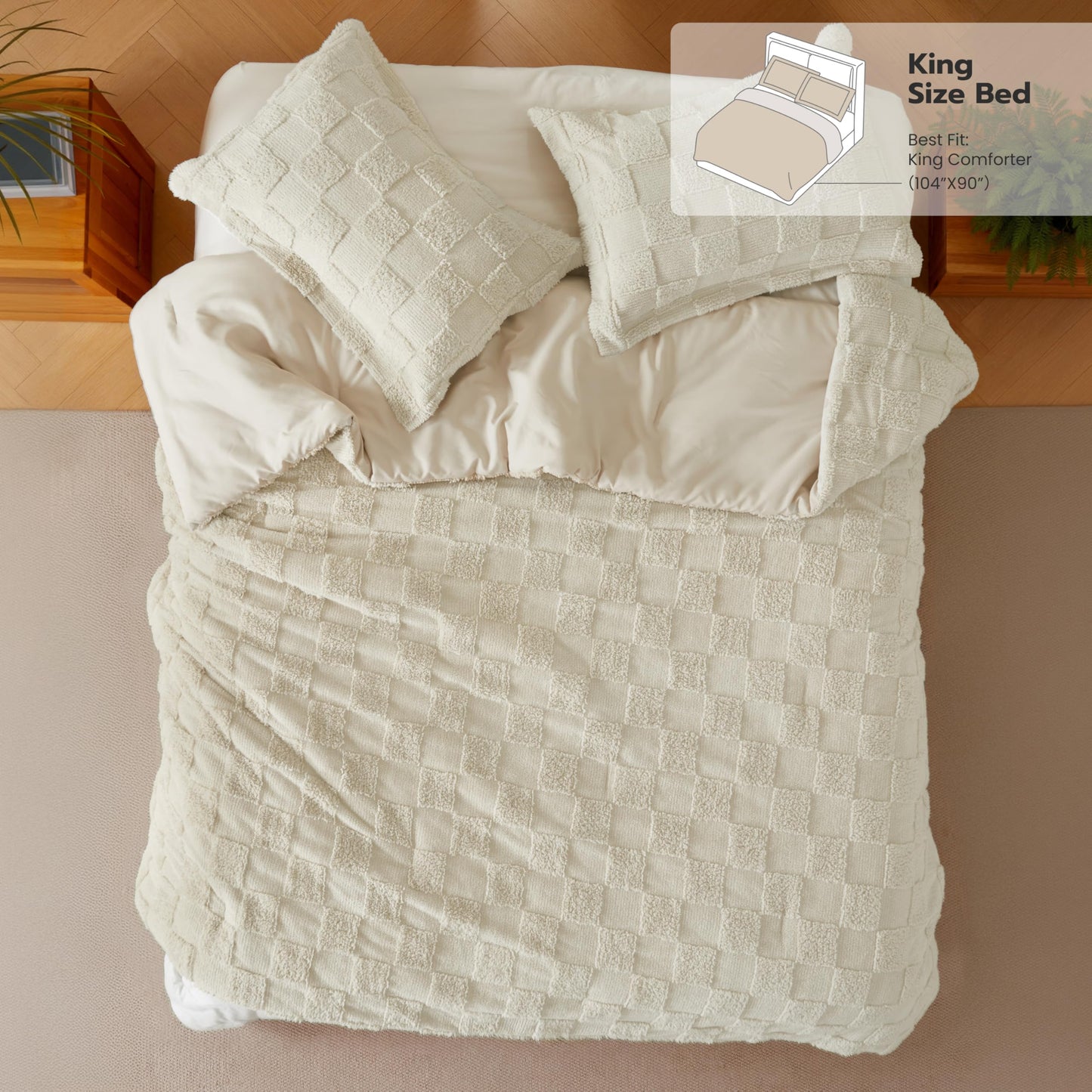Joiedomi King Size Comforter Set, 3 Pieces Beige Boho King Bedding Set with 1 Plaid Geometric Comforter and 2 Pillow Shams, Checkered Bed in a Bag for All Seasons