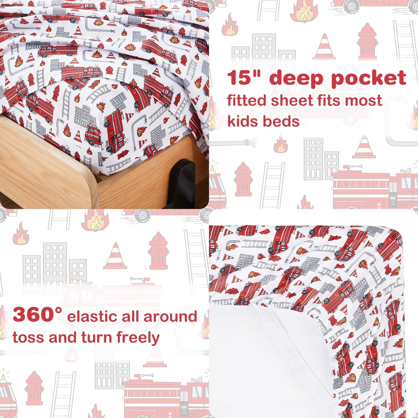 Softan Kids Bed Sheet Set, Boys Full Size Sheets, Microfiber Kids Fitted Sheet and Pillowcase, Breathable and Silky Soft, 4 Piece Fire Engines Printed Full Bed Sheet