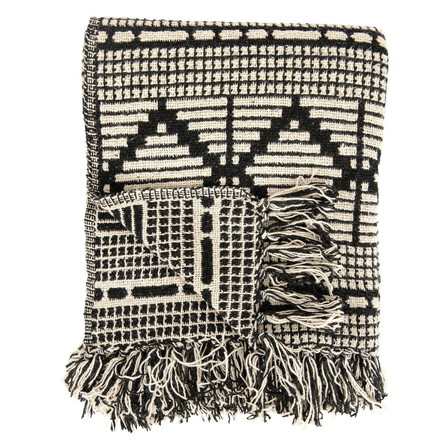 Bloomingville Soft Reclaimed Cotton Blend Throw with Diamond Pattern and Fringe, Black and Beige