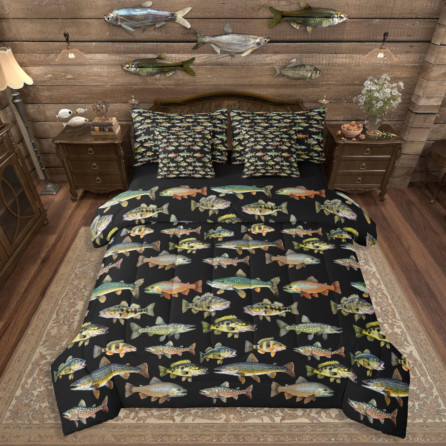 Erosebridal Kids Pike Fish 7 Pieces Comforter Set Full Size, Fishing and Hunting Bedding for Men Adults, Fishing Rustic Comforter Sets with Sheets, Animals Marine Life Bed Set Bed in a Bag