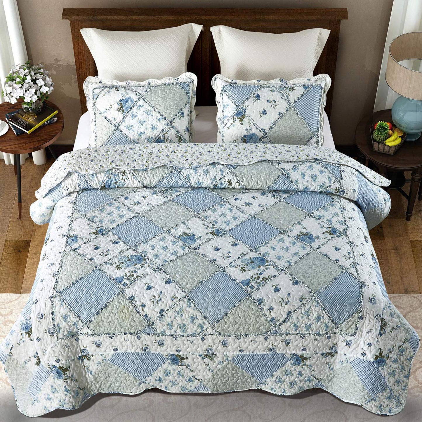 VIVILINEN Blue Floral Patchwork Quilt Set, Full Queen Size, 3 Piece Bedding Set with 2 Pillowcases