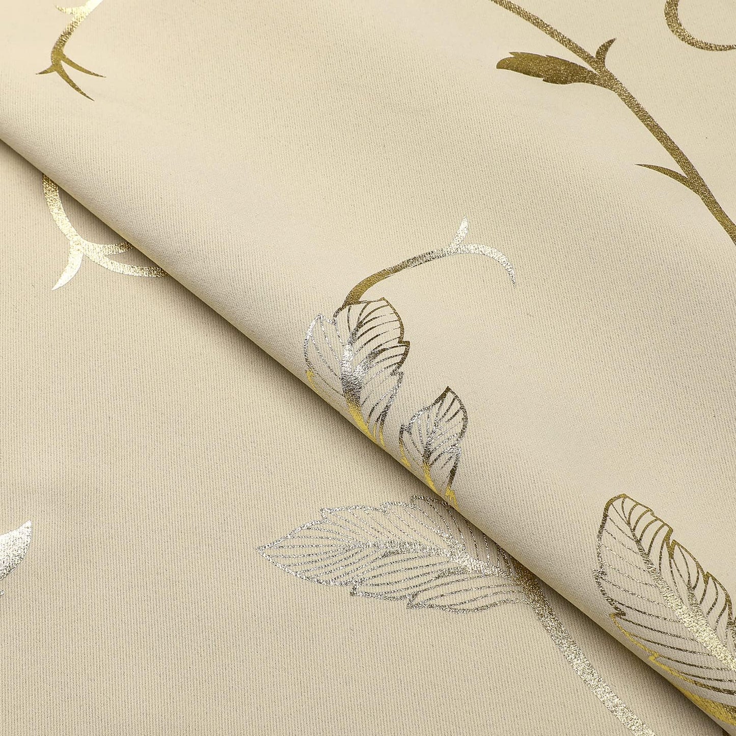 BUHUA Blackout Curtains Gold Foil Print Flower Vine Grommet Drapes, Room Darkening Thermal Insulated Curtains, Noise Reducing Blackout Curtain for Bedroom, Beige, 38Wx72L, 2 Panels